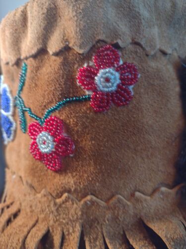 Vtg. Leather W Fringe And Fur Beaded Moccasins High Top - Picture 8 of 22