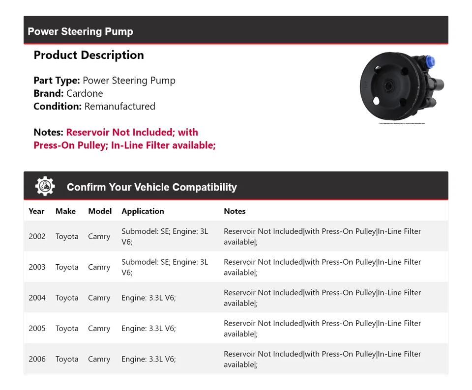 Bomba de dirección asistida Cardone 2003 2004 2005 para Toyota Camry 2002-2006 Foto 2 de 4