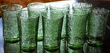 Vtg Set 8 ANCHOR HOCKING 'PAGODA' Tumbler Glasses AVOCADO GREEN Bark Texture