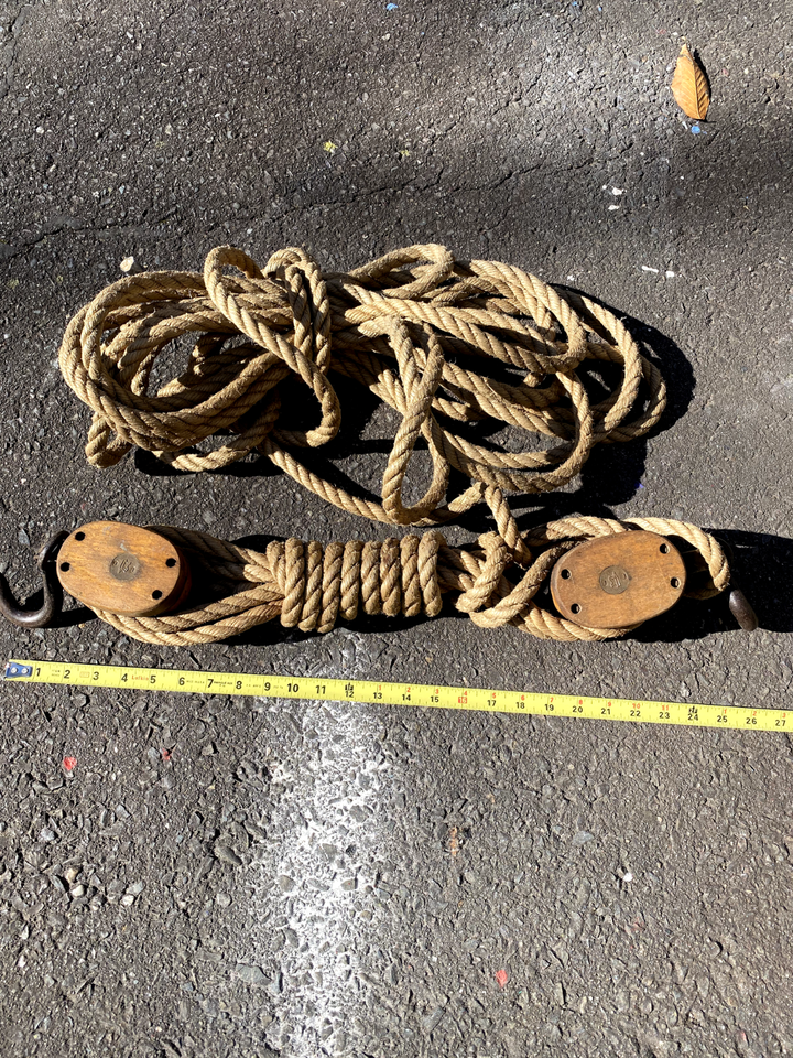 Vintage Wooden Pulleys Block And Tackle With Rope eBay