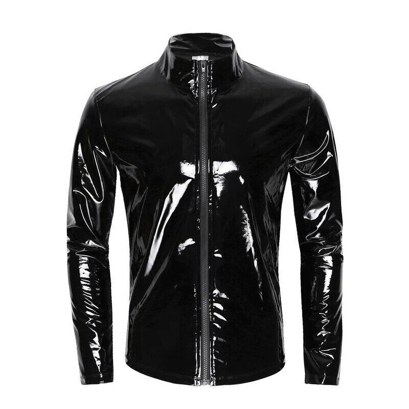 PVC Men Faux Patent Leather Coat Jacket Top Slim Shiny Wet Look
