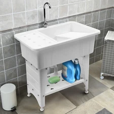 PP Utility Sink Laundry Sink Tub Freestanding Sink Wash Station w/ Faucet Home