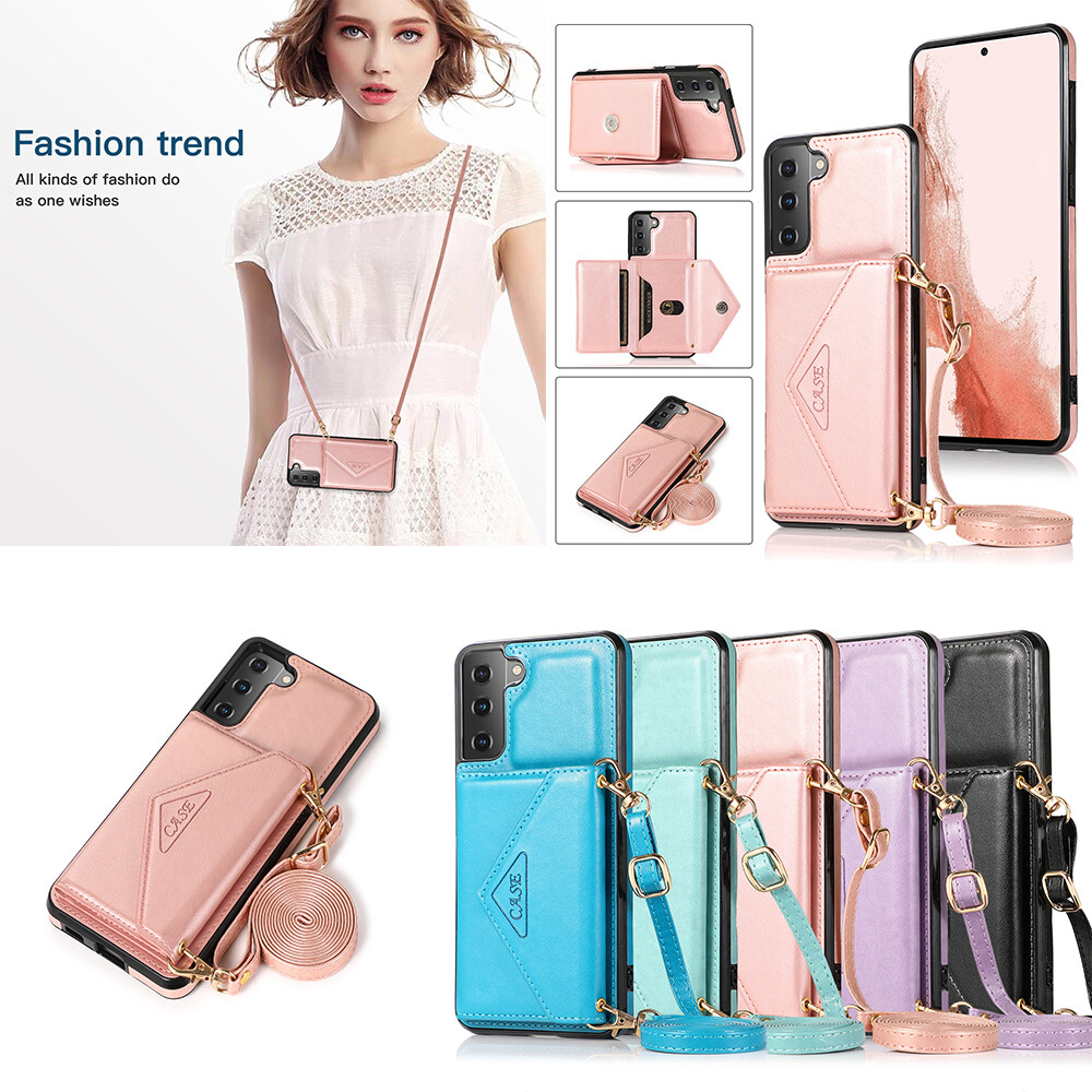 For Samsung Galaxy S22/S21/S10 Leather Card Holder Stand Long Lanyard Phone Case