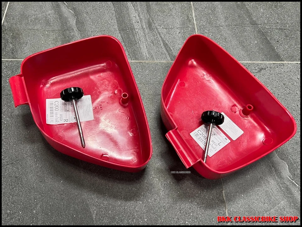 Cubierta lateral derecha y izquierda Honda C200 CA200 C201 CD90 + perilla de cierre roja nueva Foto 4 de 4