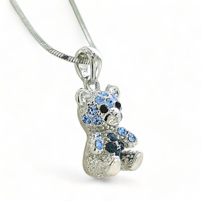 Teddy Bear Necklace Made With Swarovski Crystal Blue Pendant Jewelry 18'' Chain