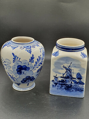 2xHand Painted Old Holland Delft Pottery Vintage Vase with Flowers and Windmill
