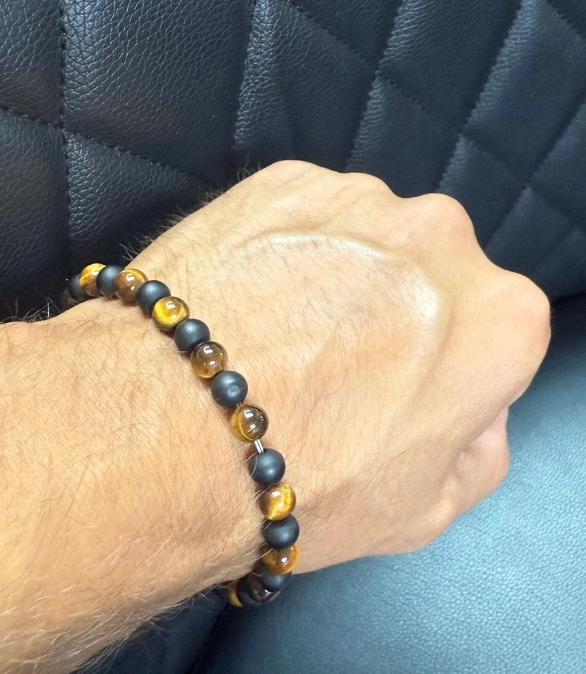 Pulsera David Yurman .925 Plata Esterlina Cuentas Espirituales Ojo de Tigre Bola Hombres 6mm Foto 4 de 4