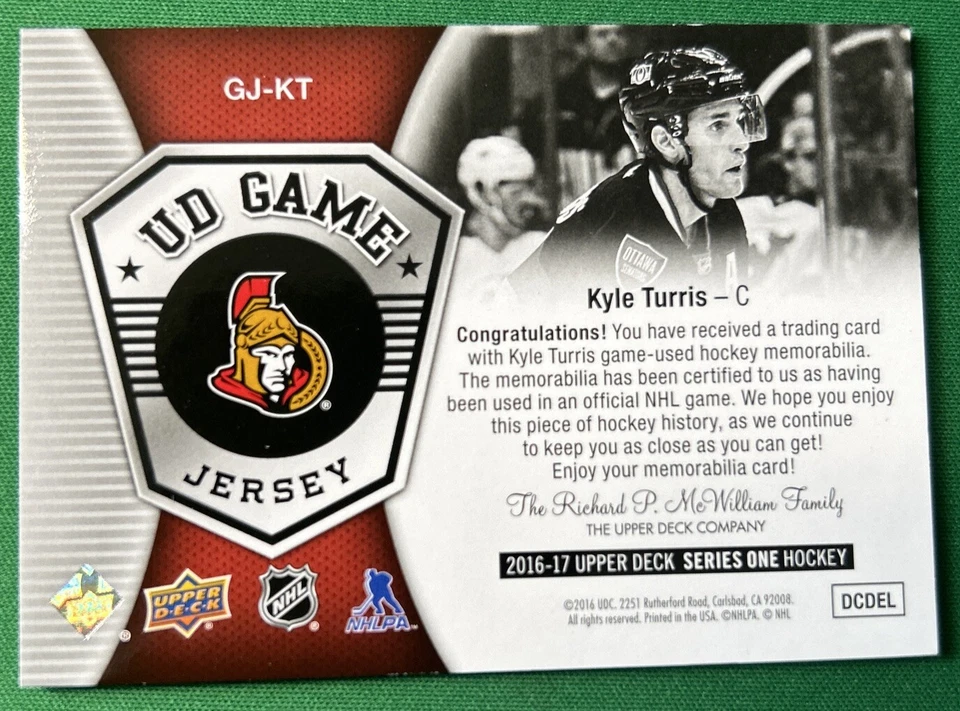 2016-17 Upper Deck UD Game Jersey KYLE TURRIS, OTTAWA SENATORS, GJ-KT - Image 2 of 2