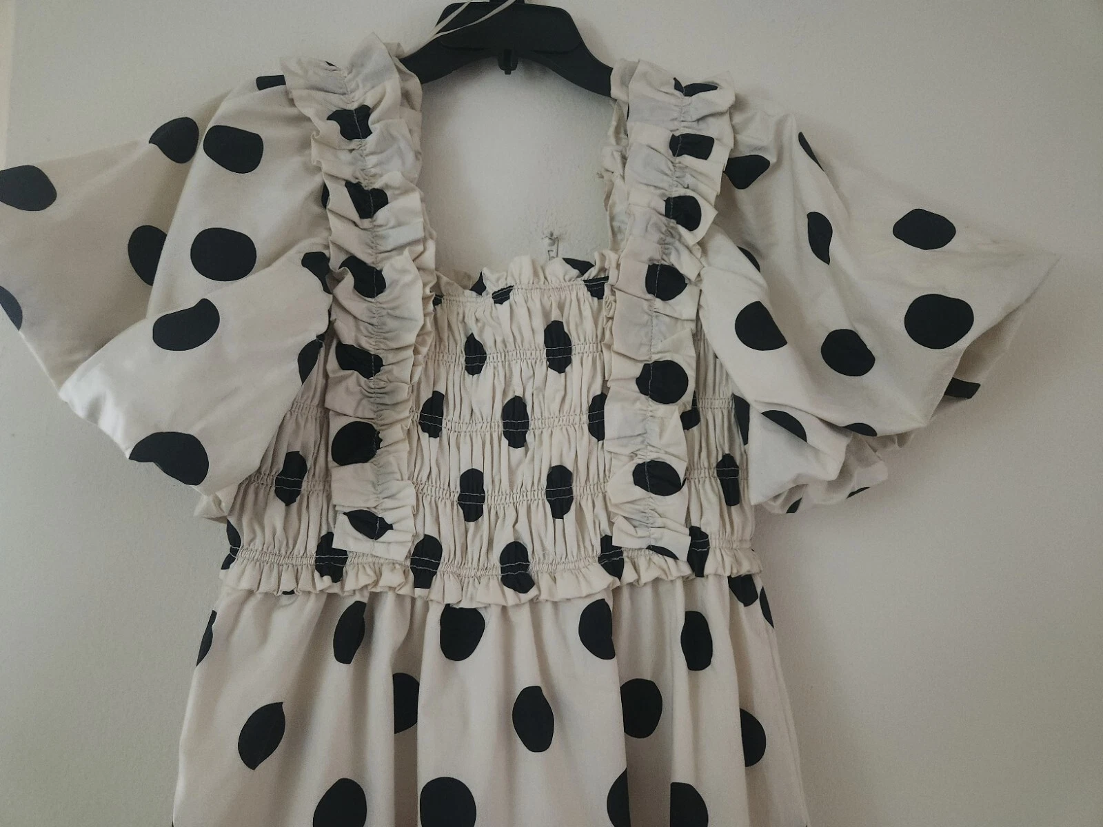 OFF WHITE Abito midi a pois a pois inglese smockato in fabbrica bianco con punti neri taglia M