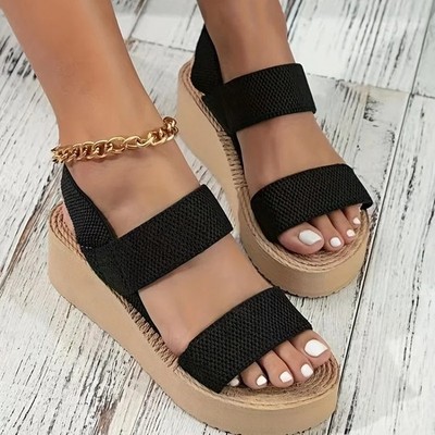 Damen-Sandalen Keilabsatz Plateau offene Zehenpartie Knöchelriemen Freizeitschuhe UK