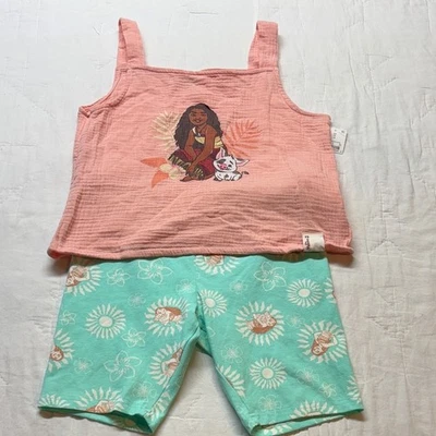 Disney Moana 2 Niñas XL 14 Rosa Gasa Camiseta sin Mangas y Verde Azulado Bicicleta Pantalones Cortos Conjunto - Imagen 1 de 4