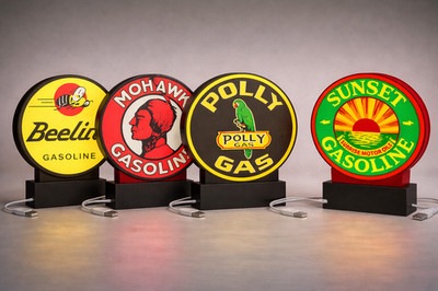 4 Vintage Style Lighted Signs   Approx. 9'' Wide   Car, Oil, Gasoline Advertising