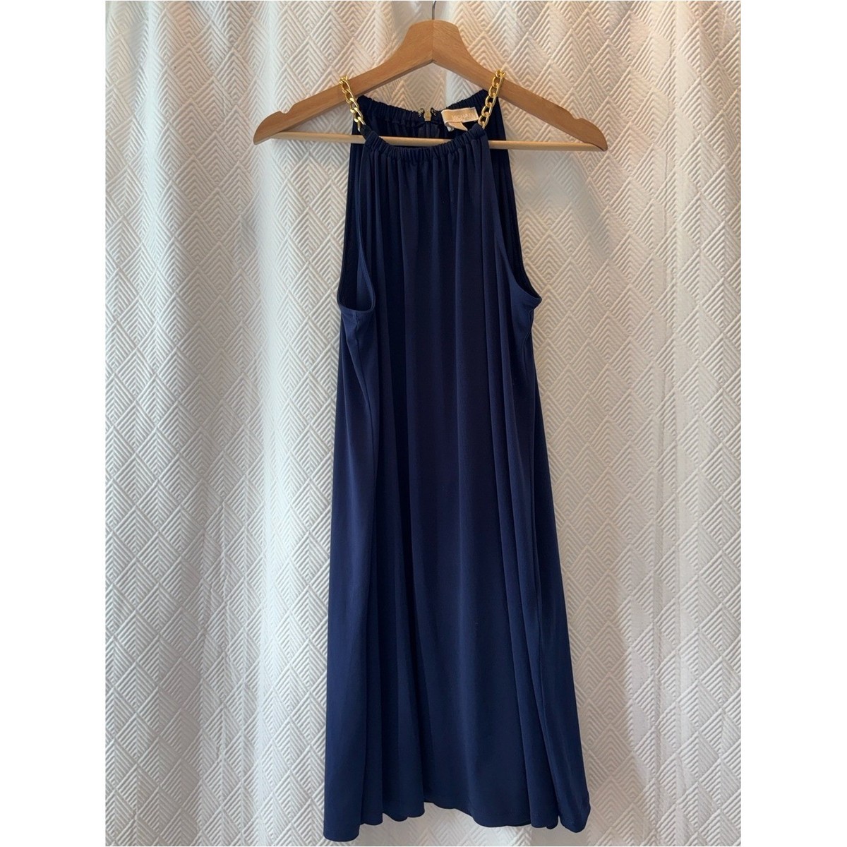 michael kors navy dress with gold chain Michael Michael Kors Womens Sleeveless Halter Flounce Dress Navy S