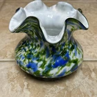 Vintage Fenton Glass Vasa Aventurine Green Murrhina Blue Ruffled Vase Milk Glass