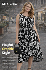 CITY CHIC BLACK SLEEVELESS GRAPHIC PRINT A-LINE DRESS SIZE S