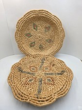 Set of 2 Coiled Wicker Rattan Basket Trays Wedding Decor Boho Farmhouse 12"