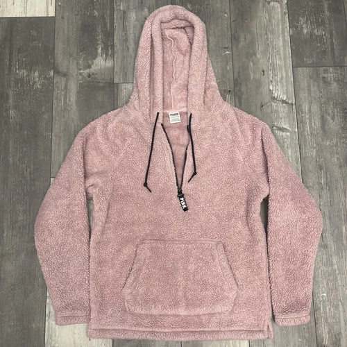 UNDERCOVER Victoria's Secret XS ROSA mezza zip peluche sherpa pile pullover giacca cappuccio