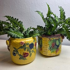1950's Vintage Majolica-Style Ceramic Planters Set of 2 Rattan Handles Vibrant