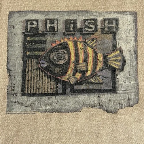 Phish Shirt Mens Tan Fish Graphic Print Concert Tour 1990s vintage concert t-shirt, vintage, size M, single stitch, B+ condition
