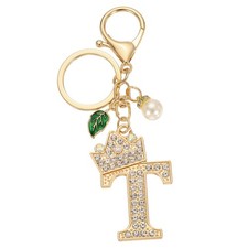 Bling Crown Initial Letter Keychain for Women Letter A-Z Key Chain Gold-T