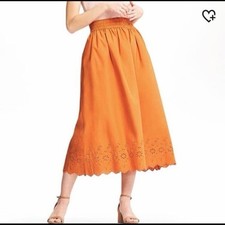 NWOT Uniqlo Orange Rust Fit Flare A Line Eyelet High Waist Boho Midi Skirt XS