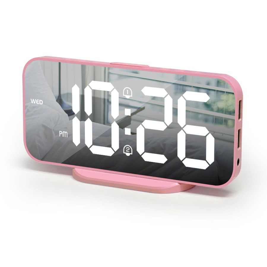 Pink Digital Alarm Clock for Girls Dual Alarms Snooze 2 USB Charging Ports