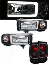 Black Headlights W Led C-bar Smoke Taillights For 1994-2001 Dodge Ram Pickup
