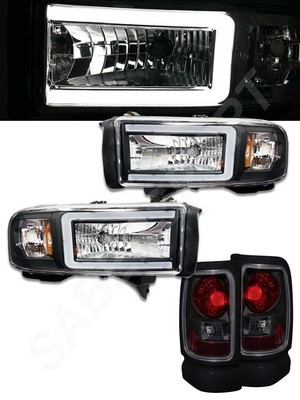 Black Headlights w/ LED C-Bar + Smoke Taillights for 1994-2001 Dodge Ram Pickup