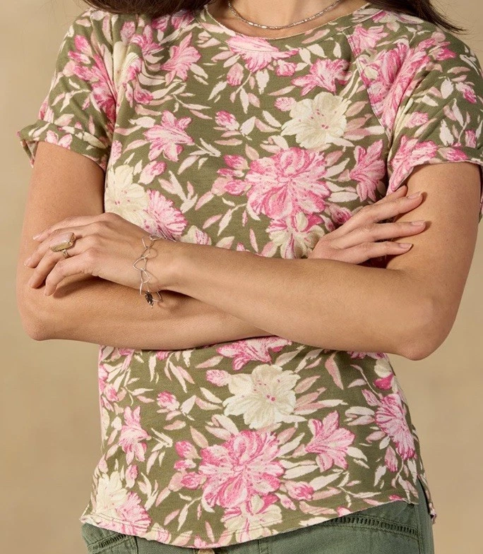 NEW Sundance Catalog Womens MIRANDA GREEN Pink Floral Tee Shirt T Cotton Knit L