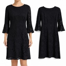 Lulus Black Floral Lace Bell Sleeve Mini Dress Small Crew Neck A-Line Shift