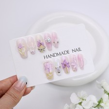 Handmade Pink Purple Lily Press On Nails Medium Coffin Pearl Bow Fairy Elegant