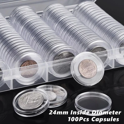 100pc 24mm Airtight Direct Fit Coin Holder Capsules for US Quarters Storage Case