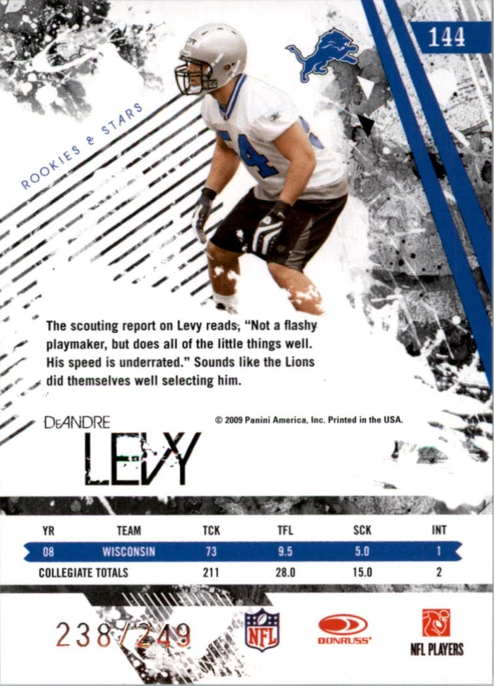 2009 Rookies and Stars Longevity Parallel Silver #144 DeAndre Levy /249 FB - Image 2 of 2