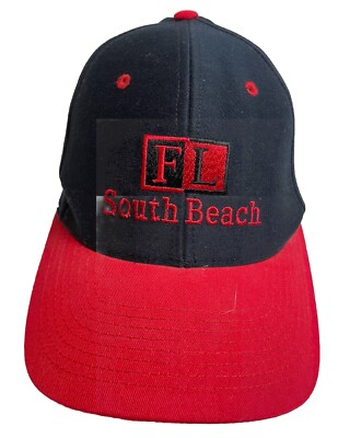 South Beach FL Baseball Cap Hat Black Red Embroidery OS 6 Panel Cotton