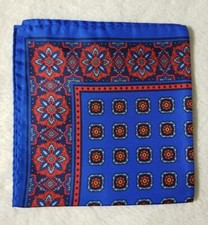 Blue Geometric Hand Printed Twill Silk Pocket Square Handmade in Italy 