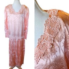 80s Does 30s Plus Size Tall 1X 2X Peach Pink Satin Dropwaist Floral Maxi Dress