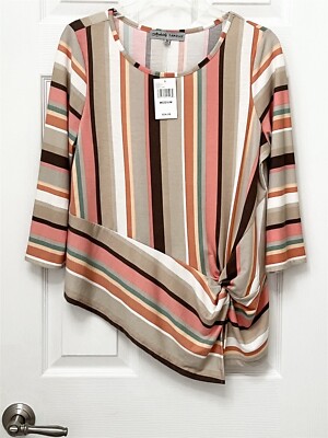 NWT Absolutely Famous Size M Coral Stripe Twisted Shirttail 3/4 Sl Knit Top $35