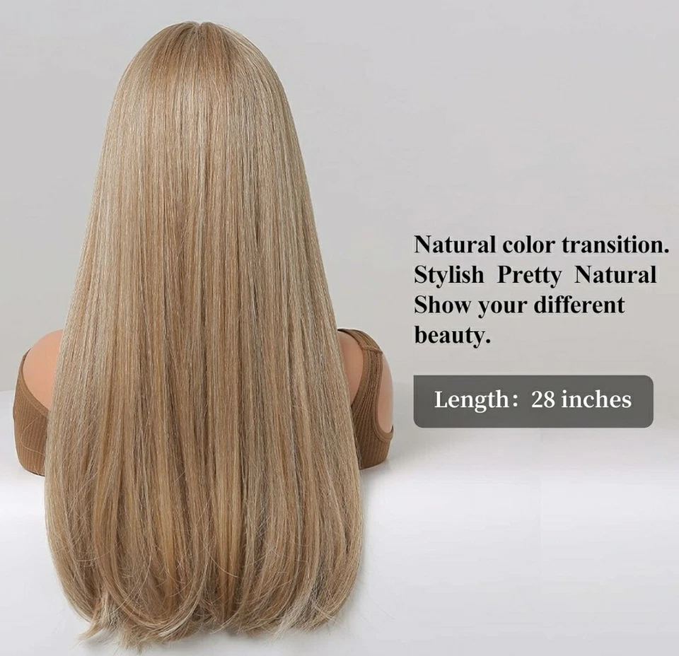 Peluca Completa Larga Fresa Ceniza Rubia Castaño Rojizo Rojo Cabello Humano Mezcla Capas Flequillo Foto 4 de 4