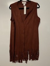 Elvi Faux Suede Fringe Waistcoat Russet Rust Brown Size Uk 18 Bnwt