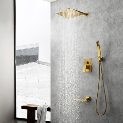 Bathroom Bath Brushed Gold 10'' Rainfall Faucet Brass Diverter Mixer Tap Set