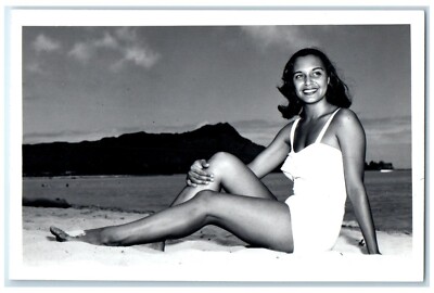 Pretty Woman Postcard RPPC Photo Miss Hawaii Swimsuit White Sand Beach 1953