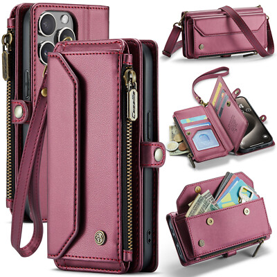 For iPhone 16 Pro Max/15 Leather Wireless Charging Kickstand Wallet Case w Strap
