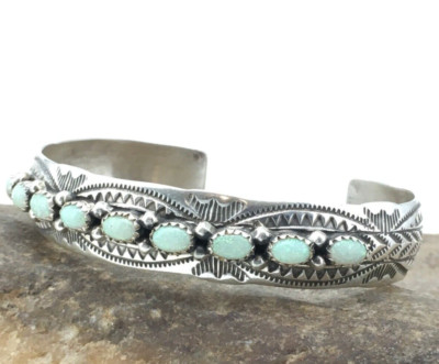 White Gilson Opal Navajo Sterling Silver Native American Cuff Bracelet 4734