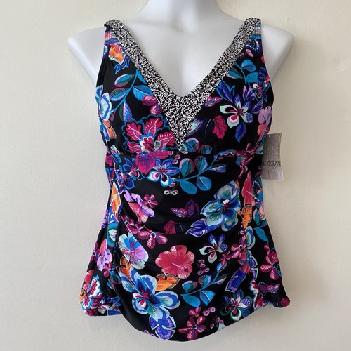 24th & Ocean Folkloric Frenzy Banded Tankini Top Only Multi Swim V Neck Floral - Picture 3 of 7