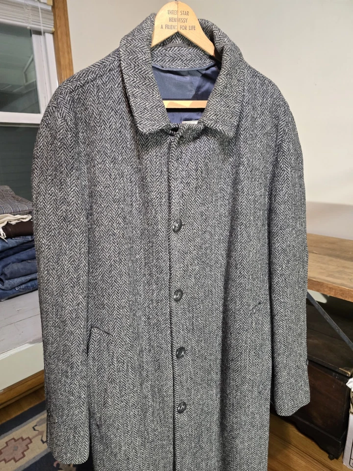 VTG Harris Tweed Overcoat Mens 42L Gray Herringbone Pure Scottish Wool Topcoat - Image 2 of 4