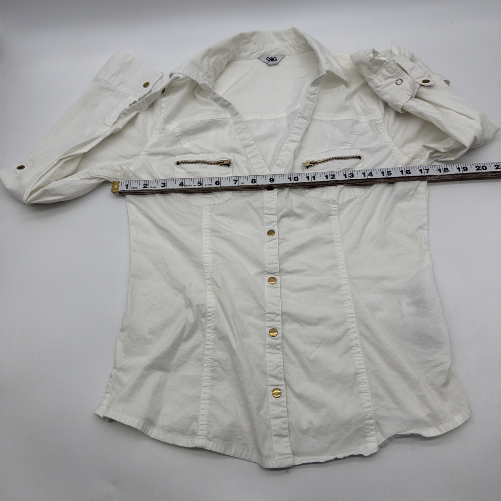 G By Guess Lon Angeles Button Up Shirt Women M White Pockets Zip Logo.#39223