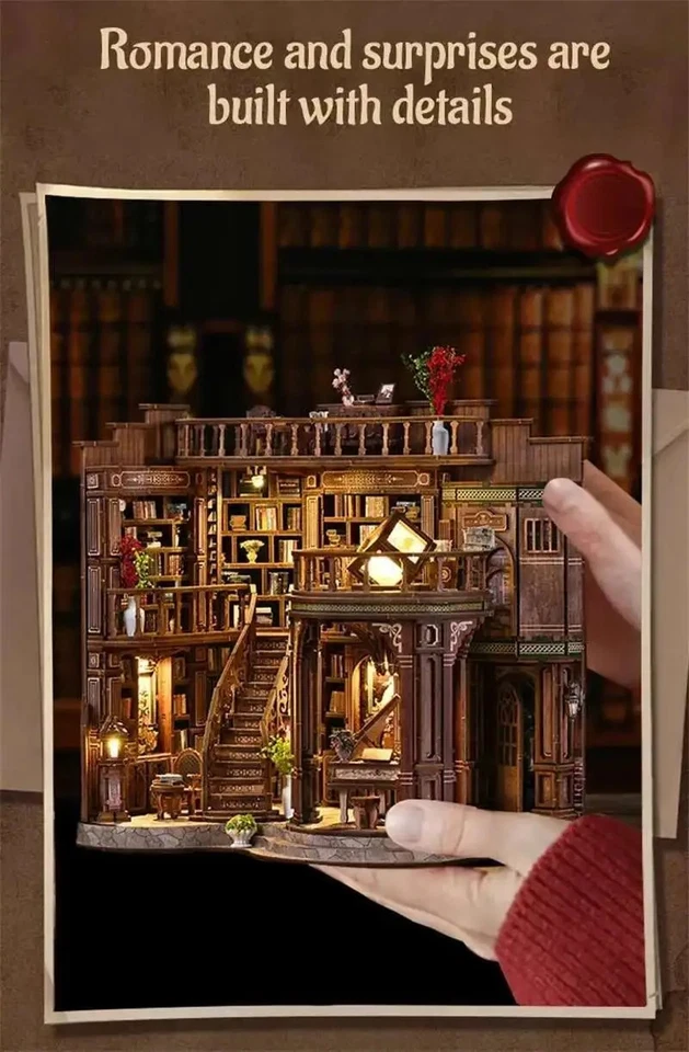 3D Puzzles DIY Wooden House Figurines Miniatures Kits Retro Dreamy Book Hall - Image 2 of 4