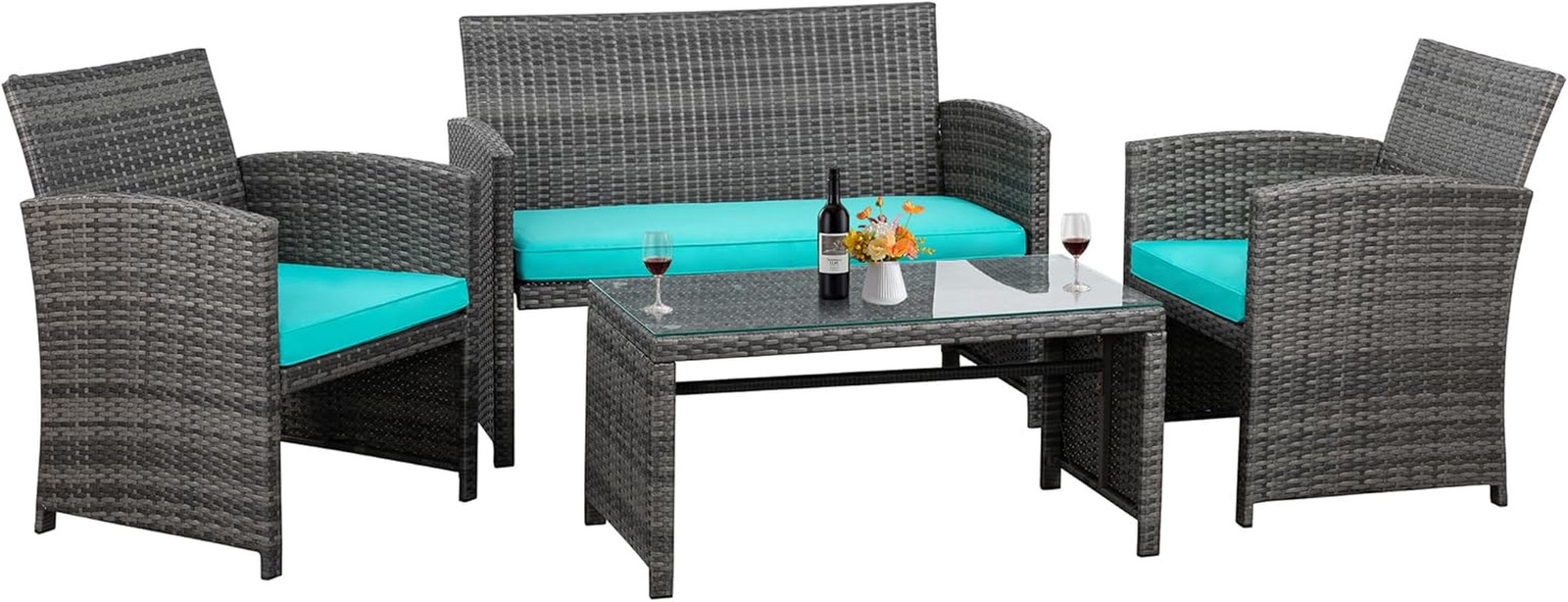 4 Piece Patio Ratten Set Outdoor Furniture Set Wicker Conversation Set with Cush thumbnail 7