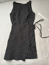 Black White Striped Sleeveless Wrap Dress Women's Short Round Neck Tie