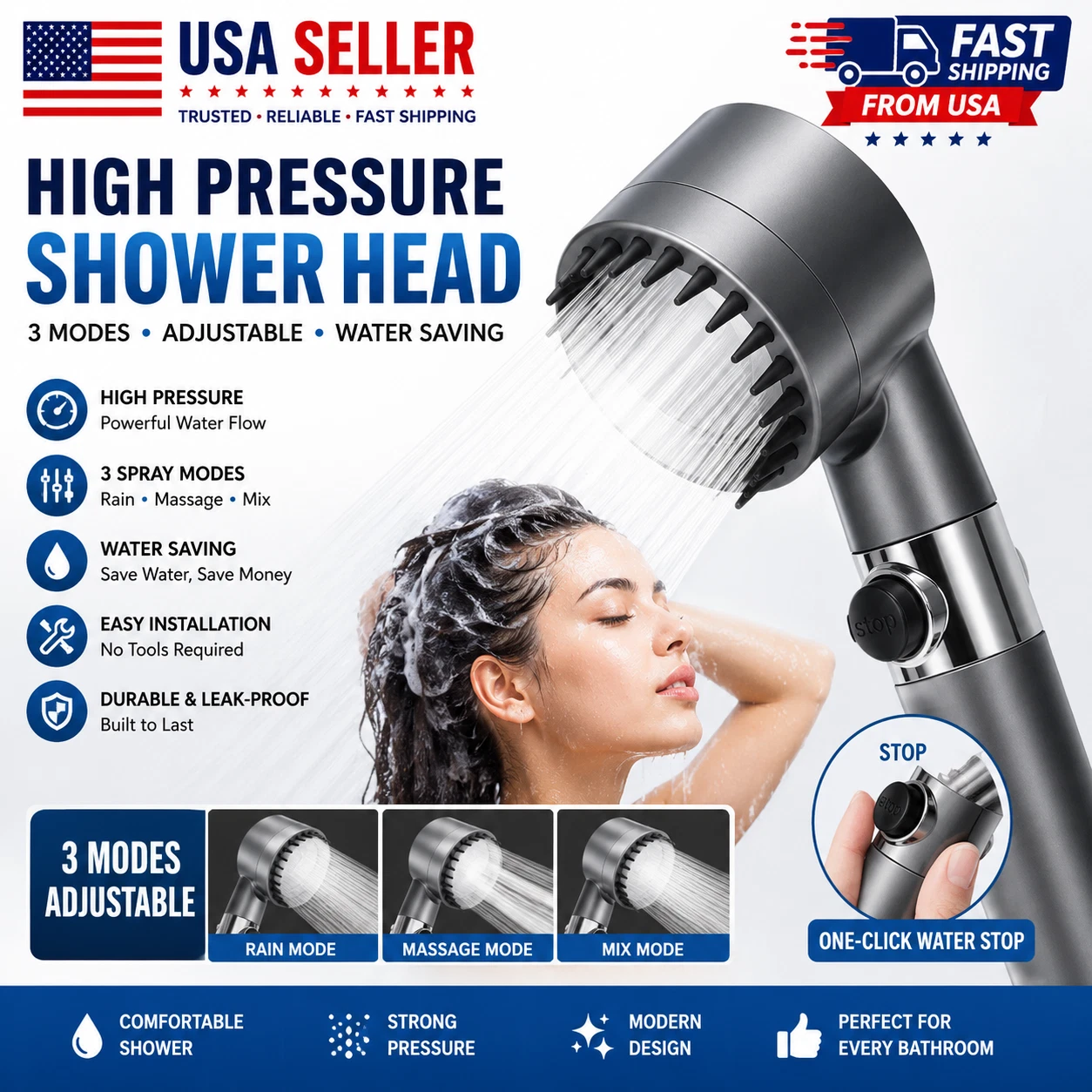 High Pressure Shower Head 3-Modes Adjustable Water Saving Bathroom Handheld
Opens in a new window or